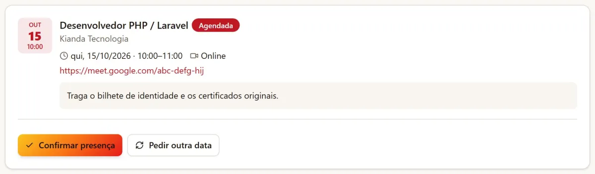Convite de entrevista com data, modalidade, instruções e botões para confirmar ou pedir outra data
