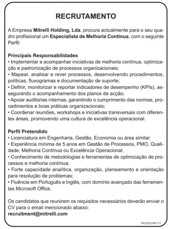 Anúncio original de Especialista de Melhoria Contínua