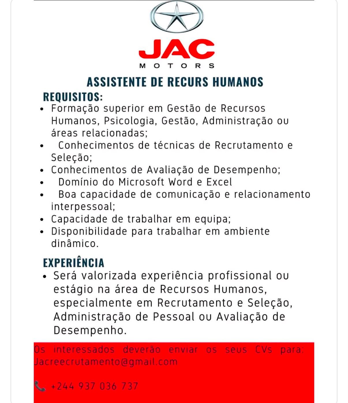 Anúncio original de Assistente de Recursos Humanos